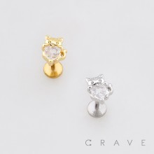 PLAYFUL KITTEN HOLDING HEART CZ STUD 316L SURGICAL STEEL LABRET SET